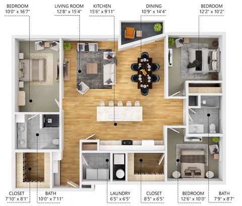 Floor plan for 3 beds, 2 baths, 1518 sqft